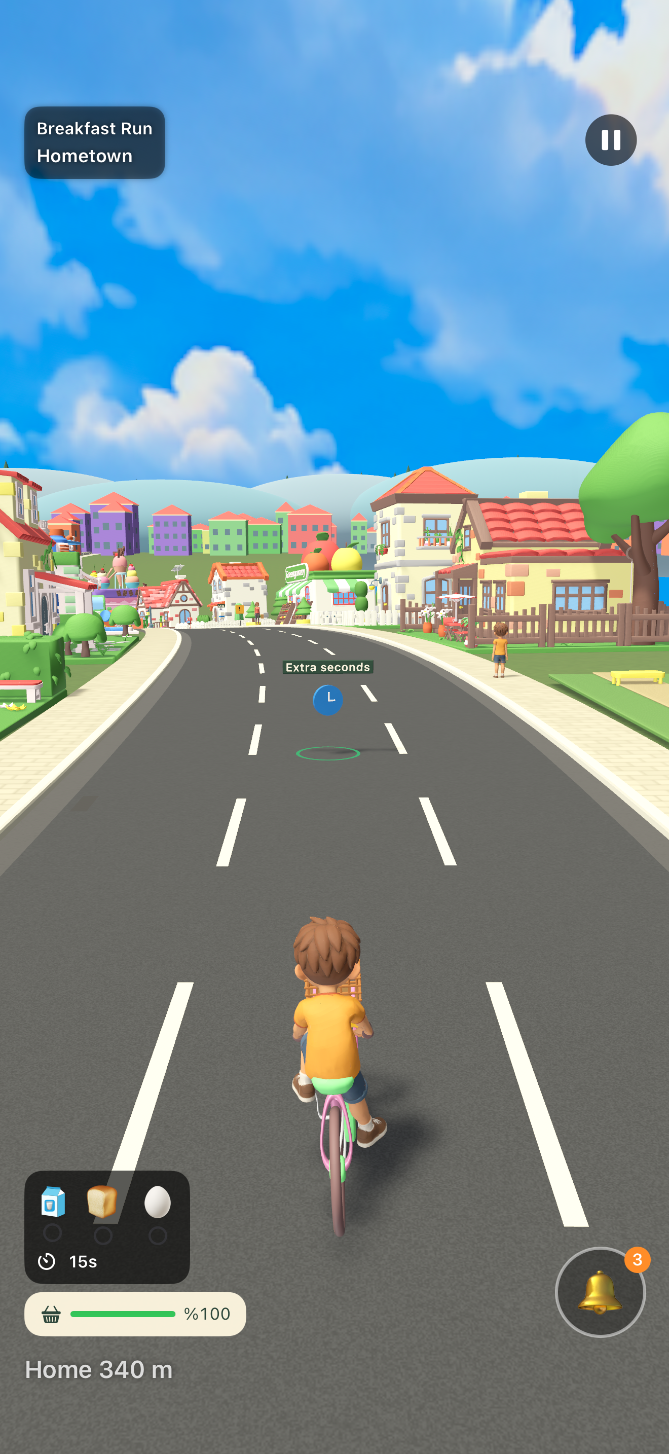 Actual gameplay: the cyclist follows a street past shops and houses