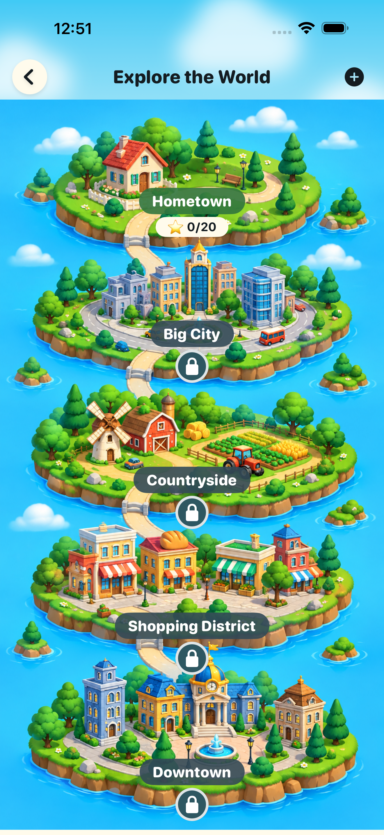 In-game world map: Hometown, Big City, Countryside, Shopping District and Downtown